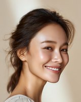 Young Asian woman with radiant glowing skin and natural makeup smiling confidently against neutral beige background, showcasing fresh dewy complexion and casual elegance.