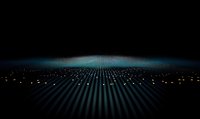 Abstract digital landscape with glowing dots arranged in parallel lines stretching to horizon against dark background, creating futuristic perspective with cyan glow.