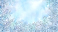 Ornate frost patterns and delicate snowflakes frame a soft, dreamy winter background with watercolor clouds and icy blue tones, perfect for seasonal designs and holiday projects.