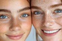 Close up portrait of two smiling faces with bright blue eyes and natural freckles showing genuine happiness and friendship, expressing joy and positive emotions.