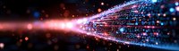 Futuristic digital data stream with glowing blue and pink light particles flowing through dark space, creating a dynamic technology concept.