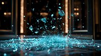 Shattered glass fragments exploding in turquoise blue light against dark background with bokeh effect, creating dramatic high-speed photography moment.