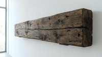 Rustic reclaimed wood beam shelf mounted on a white wall, showcasing aged dark oak texture with natural knots and cracks.
