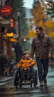 Father walking with disabled son in wheelchair on autumn city street. Caring parent and child with special needs enjoying outdoor time together.