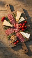 Gourmet charcuterie board with salami, artisan cheeses, fresh strawberries and nuts on rustic wooden cutting board for entertaining and appetizer presentation.