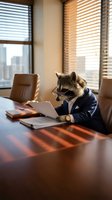 Anthropomorphic raccoon businessman in suit working on laptop at conference table in modern office with city view and venetian blinds creating warm sunlight.