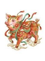 Ornamental pig with red and gold decorative patterns, isolated on white background, suitable for lunar new year designs, clipart, and festive applications.