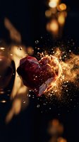 Red crystal heart shattering into golden sparks and fragments against dark background with warm bokeh lights creating dramatic romantic scene.