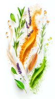 Fresh herbs and spices with colorful powder explosions on white background. Rosemary sprigs, lavender flowers and green leaves with orange and lime dust splashes.