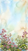 Watercolor spring meadow with pink and white wildflowers on soft pastel blue and beige background, copy space for text.