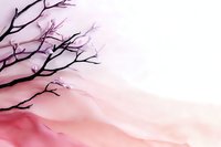 Minimalist black tree branches silhouetted against soft pink and coral watercolor background create serene nature-inspired composition for wellness and meditation designs.