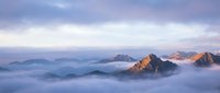 Majestic mountain peaks emerging from sea of clouds at sunrise with purple and orange sky creating dramatic alpine landscape for nature photography and travel content.