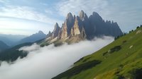 Dramatic mountain peaks rise above low-lying clouds with green alpine meadow slopes in foreground, creating majestic natural landscape in morning light.