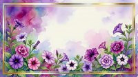 Watercolor petunia flowers frame with gold border, purple and pink blooms on white background, copy space for text or greeting card design.