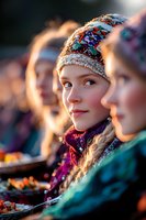 Young woman wearing traditional winter knit hat with folk pattern and blonde braid, smiling at sunset. Warm golden light creates dreamy atmosphere at winter festival.