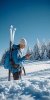 Woman in blue jacket checking smartphone during ski trip, with snow-covered trees and clear sky background. Perfect for winter sports advertising.