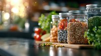 Glass jars filled with various grains, seeds, and legumes on wooden kitchen counter with fresh herbs and cherry tomatoes in soft natural lighting.