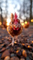 Curious brown hen with bright red comb in close-up portrait against blurred bokeh sunset background. Farm animal looking directly at camera with expressive face.