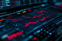 Digital stock market data visualization with red and blue graphs showing financial trends and market analysis on dark electronic display screen.