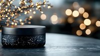 Black ceramic bowl with starry pattern against blurred golden bokeh lights creating magical holiday atmosphere on dark stone surface.