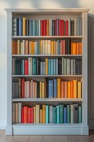 White wooden bookshelf with colorful hardcover books arranged neatly on five shelves against light wall, featuring vintage volumes in red, blue, orange and green spines.