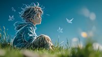 Young boy sitting in green grass gazing at glowing butterflies against turquoise sky background, magical nature moment with ethereal lighting and dreamy atmosphere.
