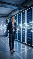 Female IT professional, South Asian ethnicity, wearing business attire and ID badge, holding tablet in modern data center with illuminated server racks. Suitable for technology, cloud computing, and enterprise solutions marketing.