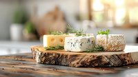 Assorted cheese varieties on rustic wooden board garnished with fresh herbs and greens, soft focus background creates appetizing gourmet atmosphere.