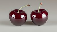 Glossy dark red cherries with stems on neutral background, realistic rendering shows fine details and reflective surface. For food packaging and menu design.