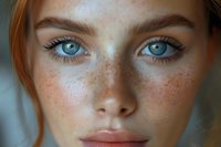 Close up portrait of young redhead woman with bright blue eyes, natural freckles, and minimal makeup showing natural beauty and pure skin texture.