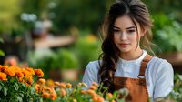 Young woman gardener in brown apron tending orange marigold flowers in greenhouse. Professional horticulturist working with blooming plants in garden center.