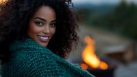 Young African American woman with curly hair smiling warmly by outdoor fire pit during golden hour evening gathering for cozy autumn lifestyle moments.