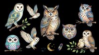 Barn owl, eagle owl, and snowy owl collection isolated on transparent background, ready for t-shirt design, clipart, stickers, sublimation, and print-on-demand products.