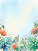 Watercolor tropical floral border with monstera leaves, ferns, coral flowers, and gold accents on soft blue background with copy space.