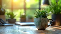 Succulent plant in ceramic mug on wooden table with sunlight streaming through window, ideal for home decor and gardening content.