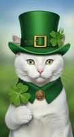 White cat wearing green leprechaun hat with gold buckle and bow tie, holding four-leaf clover, St. Patrick's Day themed holiday celebration portrait.