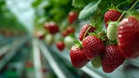 Fresh ripe strawberries growing on plants in greenhouse with selective focus on red berries and green leaves for organic farming and agriculture concepts.