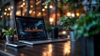 Laptop displaying financial charts and graphs on dark wooden desk with coffee cup and plants, illuminated by warm bokeh lights in cozy evening atmosphere.