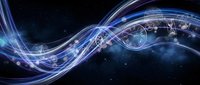 Abstract blue energy waves flowing through space with glowing particles and cosmic background for technology and science concepts.