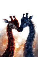 Romantic watercolor giraffes in red and blue touching noses against sunset background, artistic wildlife illustration showing tender animal moment.