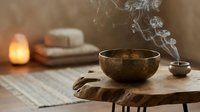 Tibetan singing bowl on rustic wooden table with incense smoke, salt lamp glowing softly in zen meditation space for wellness.