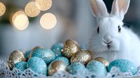 White bunny rabbit peeking through turquoise and gold Easter eggs against blurred bokeh lights background, creating magical holiday atmosphere.