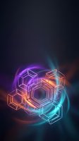 Glowing neon geometric cubes floating in space with colorful light effects and energy swirls on dark background for digital art and tech designs.