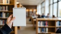 Caucasian hand holding blank spiral notebook in library setting with bookshelves and study tables in background, suitable for education, learning, and note-taking concepts.