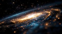 Majestic spiral galaxy with glowing golden core and blue stellar streams against dark cosmic background, stars scattered across deep space creating ethereal celestial view.