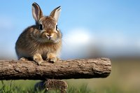 Young cottontail rabbit sitting on wooden log against blue sky background in natural outdoor setting for wildlife and nature photography projects.
