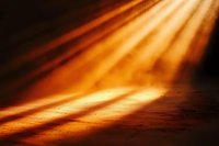 Dramatic golden light rays pierce through darkness creating atmospheric spotlight effect on textured surface, adding depth and mystery to moody scene.