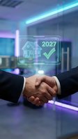 Two businessmen shaking hands with holographic house and checkmark display showing 2027, representing real estate deal, property investment, and future home purchase agreement in modern office.