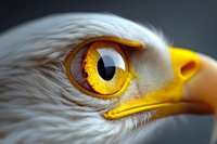 Extreme close-up of bald eagle's piercing yellow eye and beak against dark background, symbolizing freedom, vision, and American wildlife.