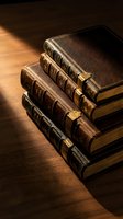 Stack of antique leather-bound books with golden clasps on wooden surface creating warm atmospheric lighting for literary and educational content.